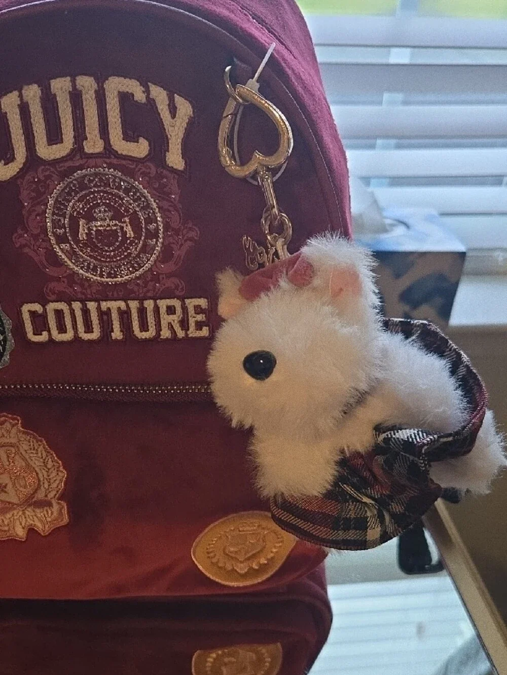 Juicy Couture Burgundy Velvet Backpack with Plush Keychain